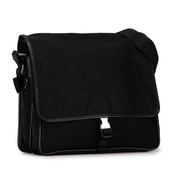 Prada Plate Nylon Triangle Black Saffiano Leather Shoulder Bag - Picture 1 of 10